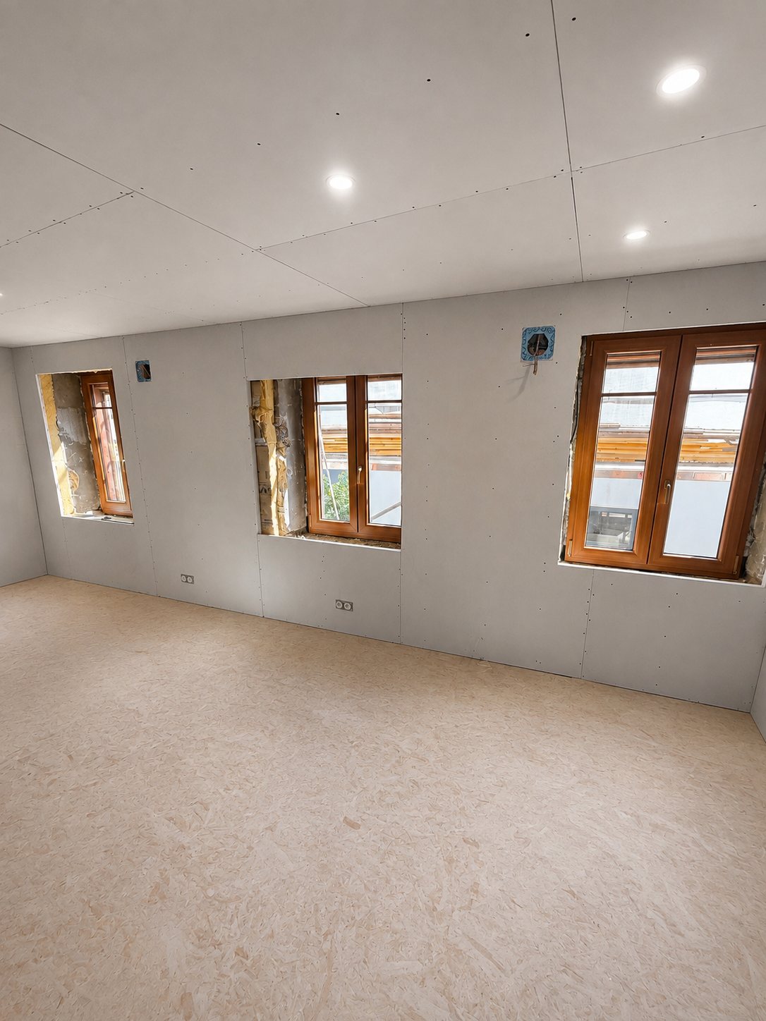Chantier de rénovation avec trois fenêtres